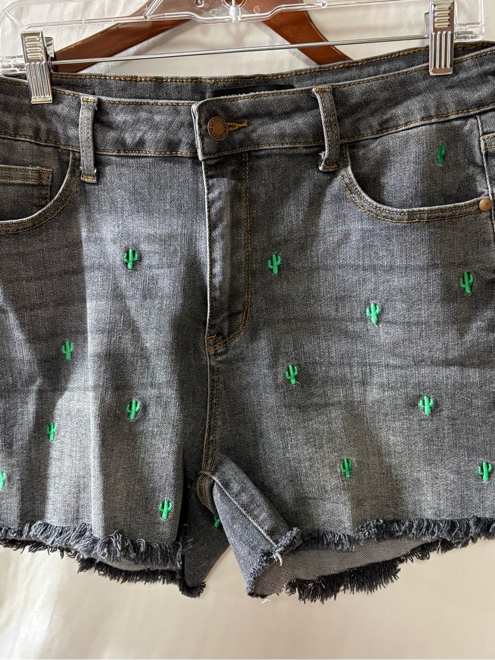 Judy Blue Gray Denim Shorts with Green Cactus Embroidery